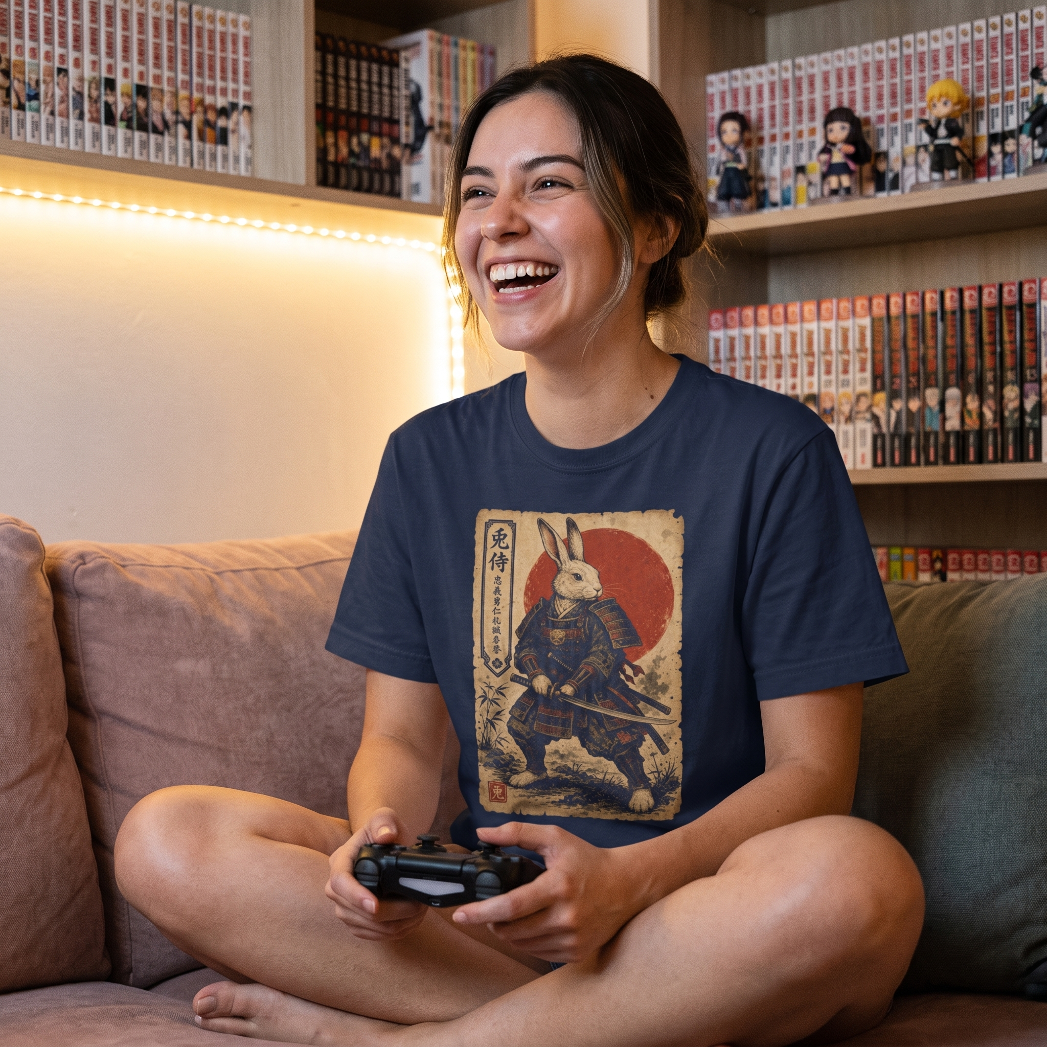 Vintage Samurai Rabbit tee on the sofa with a controller