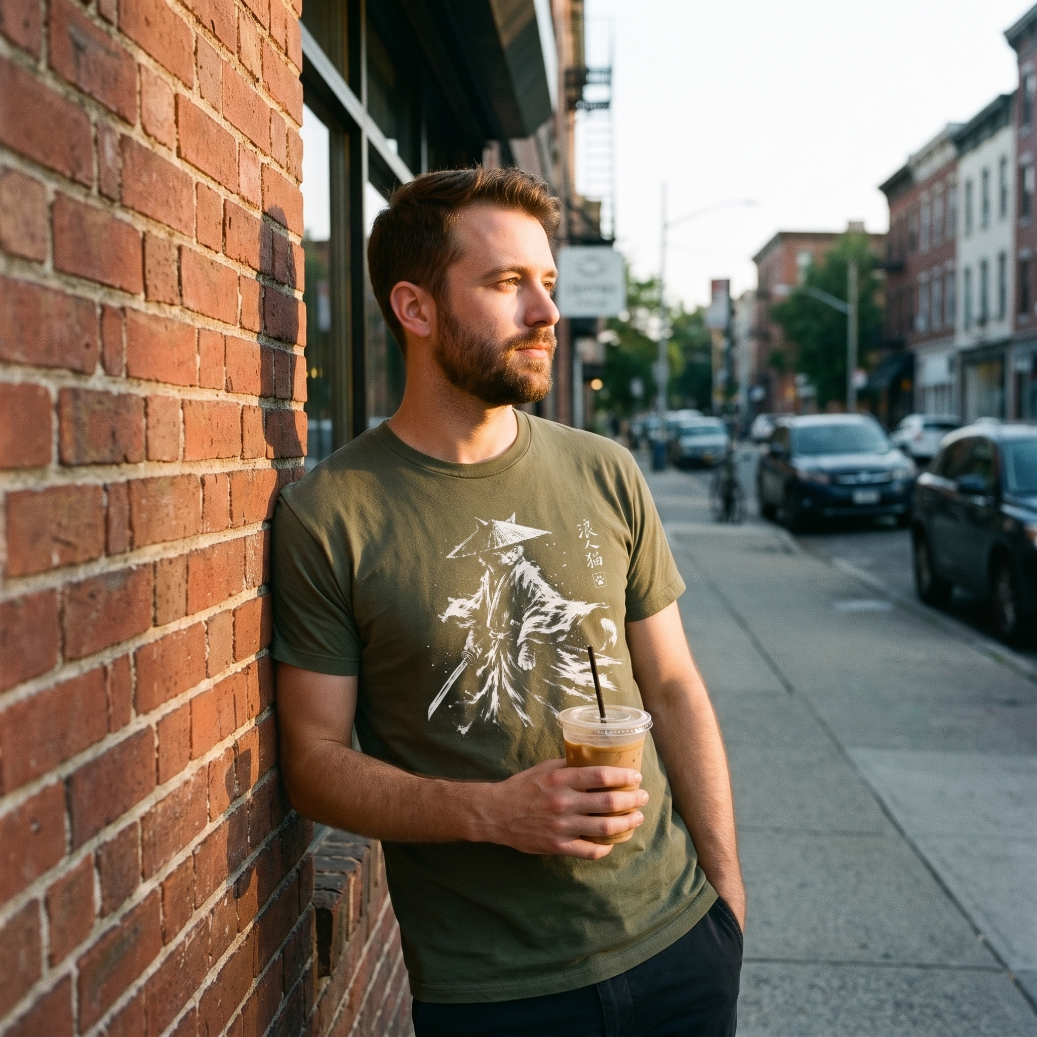 White Ink Ronin Cat tee with an iced coffee on a city street
